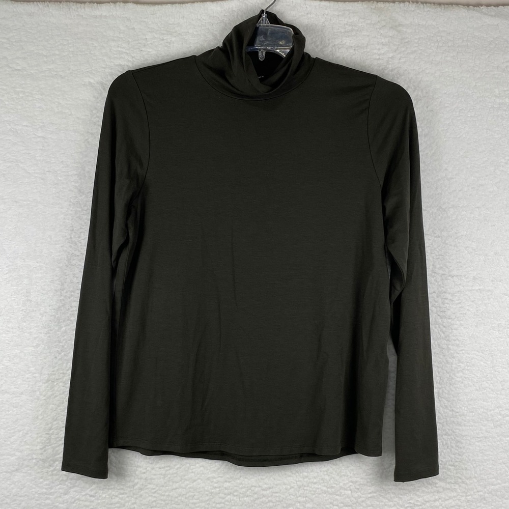 Eileen Fisher Women's M Woodland Green Scrunch Neck Long Sleeve Top F2FTE-T5798M